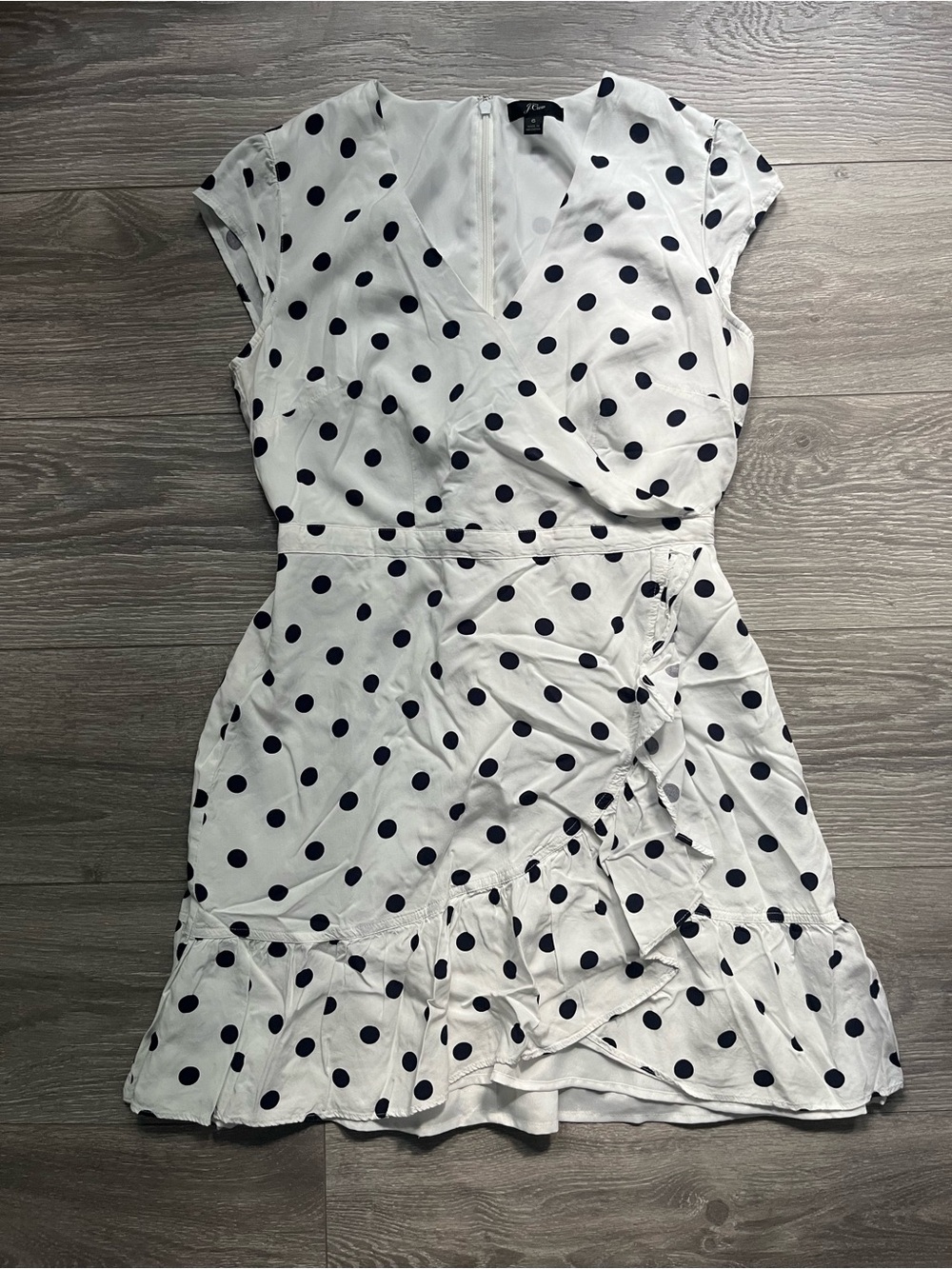 J. Crew White Black Polka Dot Car Sleeve Ruffle Faux Wrap Mini Sun Dress Size 6